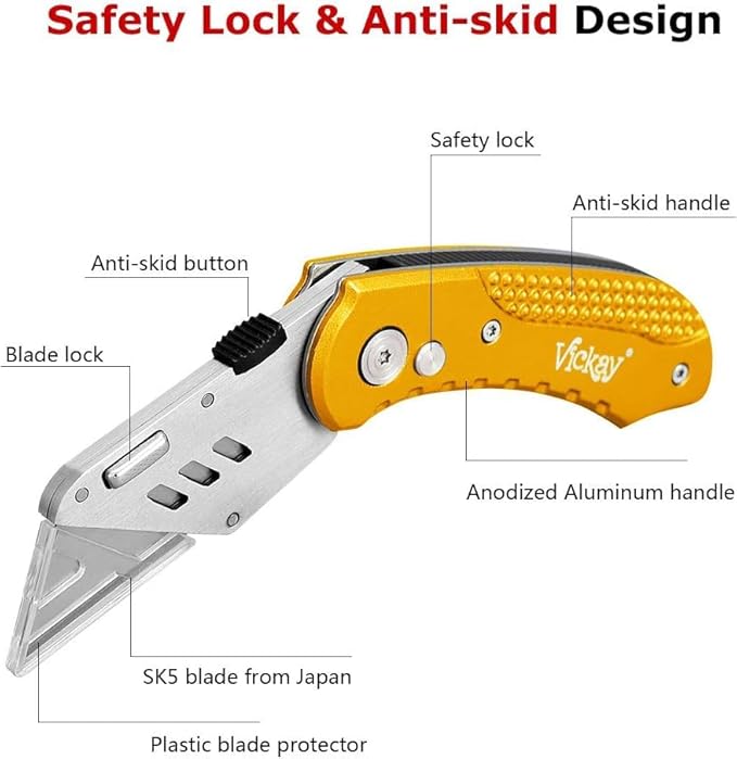 Vickay Folding Utility Knife Box Cutter Utility Blades Heavy Duty with 5 SK5 Quick Change Blades, Safety Axis Lock Design Razor Knife, Lightweight Aluminum Body Belt Clip for Office (yellow)