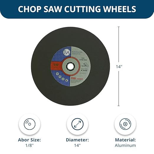 Benchmark Abrasives Aluminum Oxide Type 1, 14 Inch Chop Saw Blade, Cutting Wheel with 1/8" X 1" Arbor, Fast Circular Saw Blades for Cutting Metal Steel Drywall - Grinding Wheel - 10 Pack