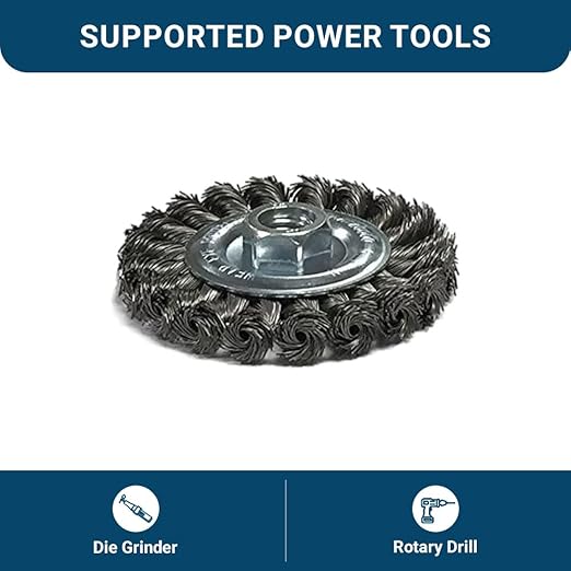 Benchmark Abrasives 4” Standard Twist Knot Wire Wheel with Arbor 5/8"-11 Thread, for Weld Cleaning, Weld Spatter Removal, Stripping, Deburring, Use with Angle Grinders - Carbon Steel (5 Pack)