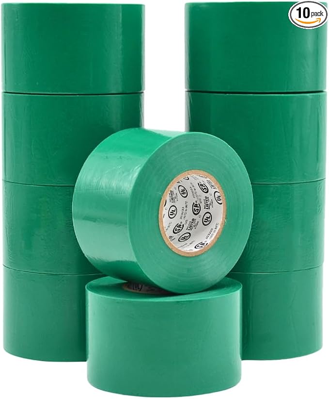 WOD ETC766 Professional Grade General Purpose Green Electrical Tape UL/CSA Listed core. Vinyl Rubber Adhesive Electrical Tape: 2 inch X 66 ft. - Use at No More Than 600V & 176F (Pack of 10)