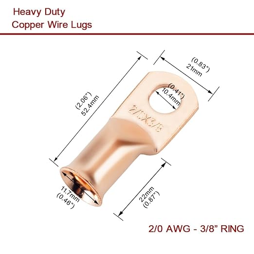 8Pcs 2/0 AWG 3/8" Stud and 8Pcs 2/0 AWG 5/16" Stud Heavy Duty Copper Wire Lugs with 16Pcs Heat Shrink Tubing, Ring Terminals, Battery Cable Ends, Bare Copper Eyelets