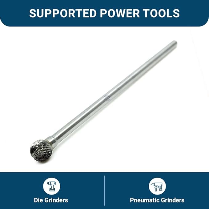 Benchmark Abrasives 6” Ball Shape Double Cut Tungsten Carbide Die Grinder Bits Metal Deburring Tool Rotary Burr, 1/4 Inch Shaft, Engraving Tool for Woodworking Shaping Carving (SD-5)