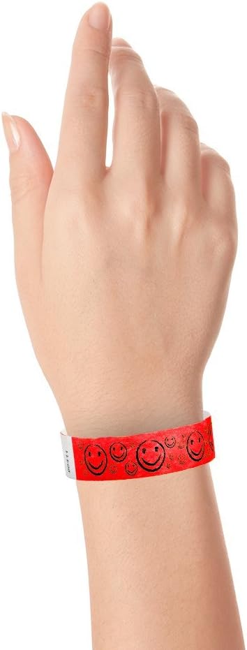200 WristCo Neon Red Smiley Face Tyvek Wristbands for Events - ¾” x 10” - Waterproof Recyclable Comfortable Tear Resistant Paper Bracelets Wrist Bands for Concerts Festivals Admission Party