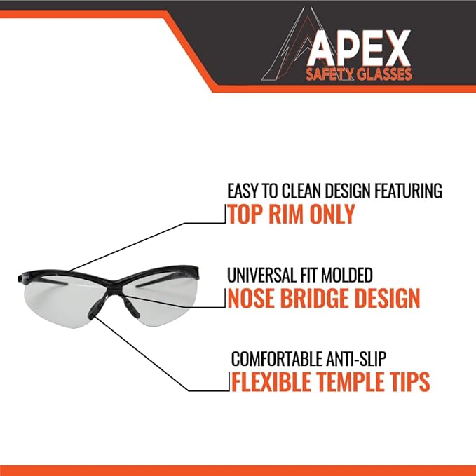 Malta Dynamics APEX Safety Glasses – Construction Safety Glasses for Men and Women with Anti Scratch and Anti Fog Protection, ISEA & ANSI Z87 Compliant (Clear, 12 Pairs)