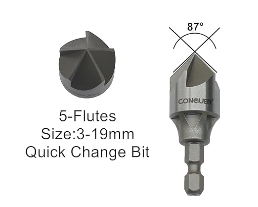 CONQUER Tools 5 Flute Metal Countersink Drill Bit, 87 Degree for 1/4'' Hex Shank Fit 1/8"-3/4"(3mm-19mm), Burr Removal, Deburring Beveling Chamfer Tool, Holes Shaping Trimming, Inner/Pipe Reamer