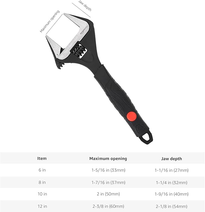 Amazon Basics 4-Piece Plumbing Adjustable Wrench with Soft Grip, Wide Mouth, Includes: 6-inch (150mm), 8-inch (200mm), 10-inch (250mm), 12-inch (300mm), 4 Sizes Bundle