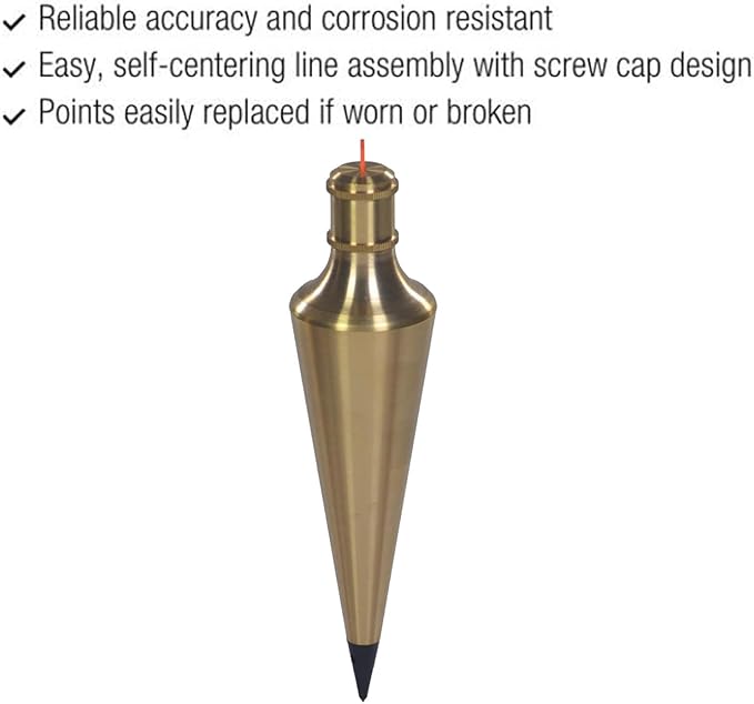 Solid Brass Plumb Bob, Brass Construction, Stainless Steel Point, Professional Centering Tool, Replaceable Tip (16oz)