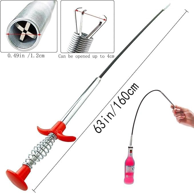 Drain Snake with Bendable Hose & 4 Claws - Flexible Hair Drain Clog Remover Tool for Sink, Toilet, Shower, and Tight Spaces, Grabber Claw Pick Up Reacher for Clogged Drains Cleaning (63in)