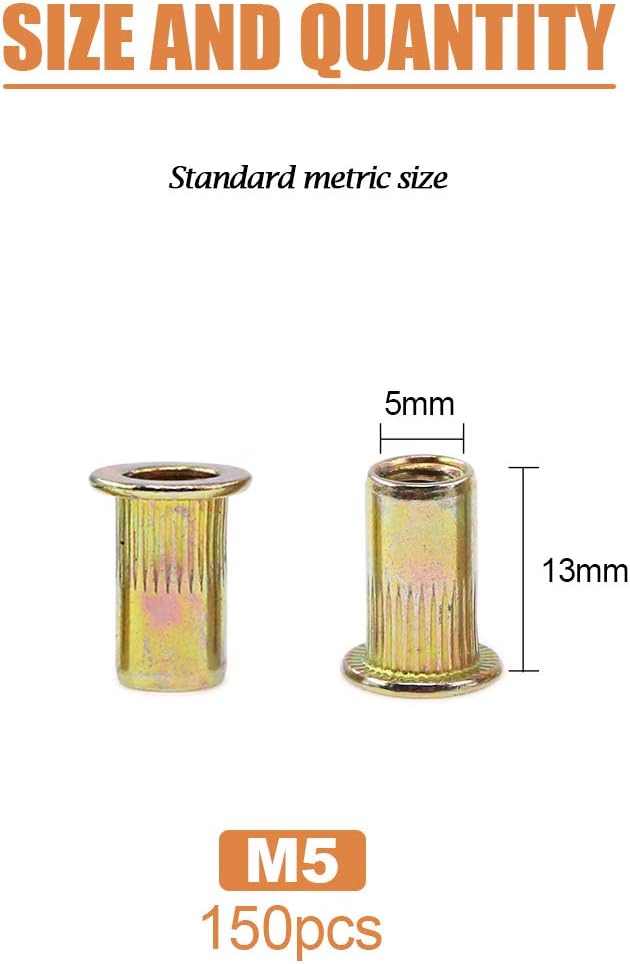 Keadic 150Pcs M5 Rivet Nuts Metric Zinc Plated Rivet Nut Carbon Steel Rivet Nut Flat Head Threaded Insert Kit Threaded Rivet Insert Nutsert Rivnuts Kit for Furniture