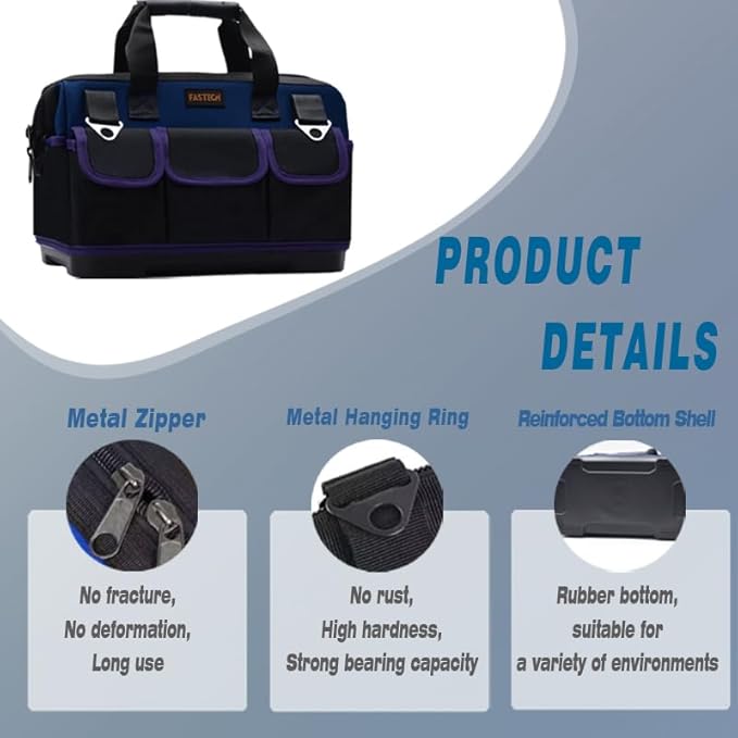 20in Heavy Duty Bottom Tool Bag With Wide Mouth For Tool Storage, Carrier and Organizer, Tote Bag For Men/Women, Wide Mouth Tools Bag With Inside Pockets (20 Inch)
