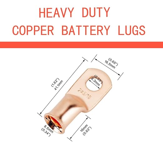 2 AWG 5/16'' Stud (25 pcs.), Heavy Duty Battery Ring Terminal,2 Gauge Connectors,2 AWG Lugs Copper Wire Lugs, Terminals, Cable Ends, Bare Eyelets, Copper Wire Terminals