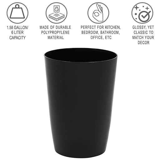 HOLDN’ STORAGE Small Trash Can - 1.58 Gallon Open Top Waste Bin, Compact Waste Can Perfect for Bathroom, Kitchen, Office, Dorm - Durable Garbage Can - Glossy Black