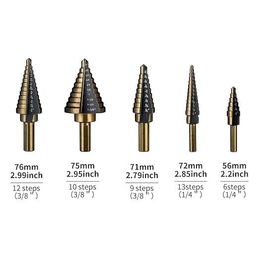 Step Drill Bits, 5PCS HSS Titanium Step Drill Bit Set,50 Sizes High Speed Steel Step Bits for with Aluminum Case