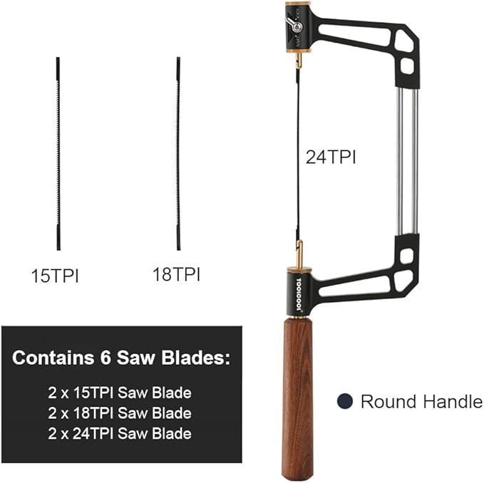 TOOLCOOL Coping Saw for Woodworking Aluminum Alloy Frame Hardwood Round Handle Handsaw with 15T 18T 24T High Speed Steel Saw Blades