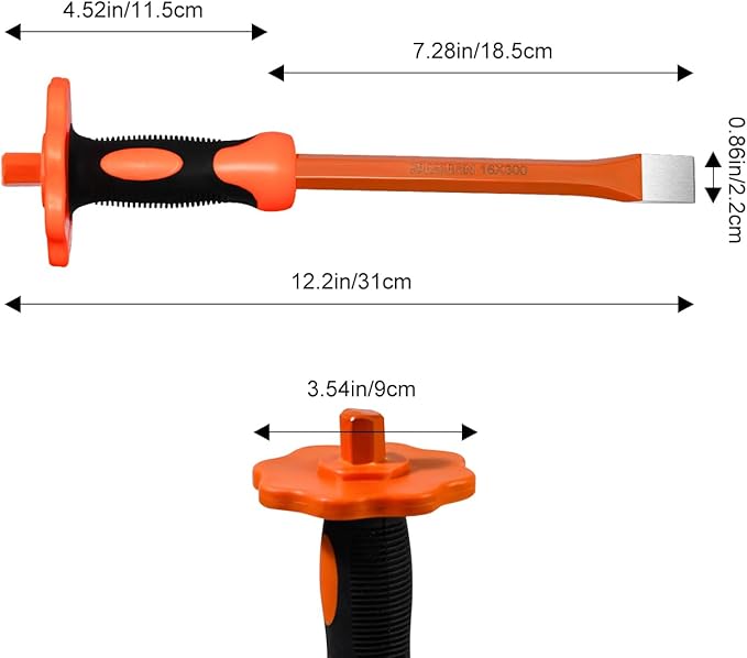 12inch Heavy Duty Flat Chisel with Hand Protection,Flat Head,Demolishing/Masonry/Carving/Concrete Breaker Chisels with Bi-Material Hand Guard