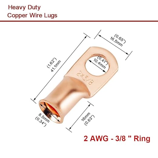 8Pcs 2 AWG 3/8" Stud and 8Pcs 2 AWG 5/16" Stud Heavy Duty Copper Wire Lugs with 16Pcs Heat Shrink Tubing 2 Gauge Ring Terminals 2 AWG Battery Cable Ends Bare Copper Eyelets