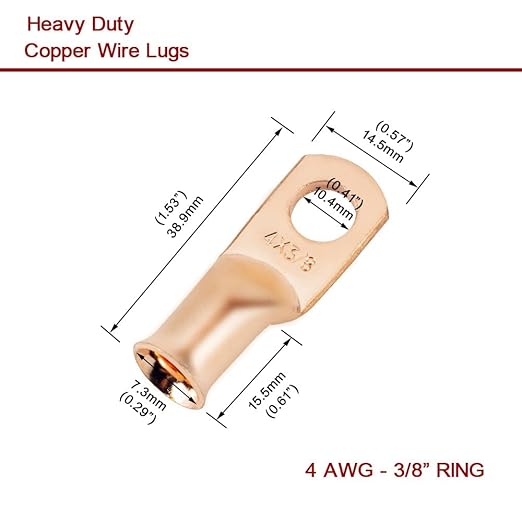 25Pcs 4 AWG 3/8 Heavy Duty Battery Cable Ends 4 Gauge Wire Connectors 4 Gauge Battery Cable Lugs Wire Lugs Ring Terminals Bare Copper Eyelets Tubular Ring Terminal Connectors