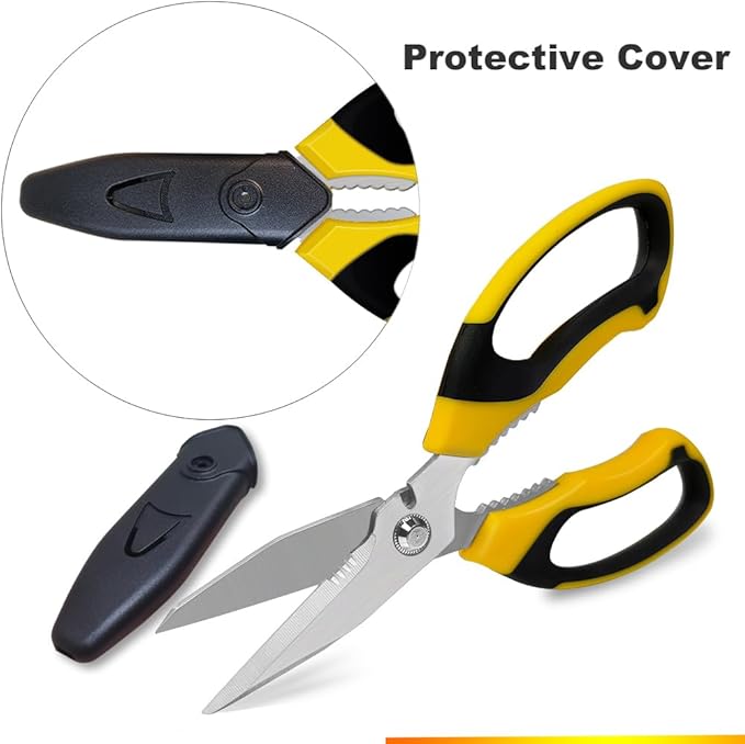 Scissors Heavy Duty 8'', Carpet Scissors, Multipurpose Scissors with Protective Cover, Stainless Steel Serrated Blades, Easy Cutting Cardboard, Leather, Fabric, Wires, Nutcracker, Yellow