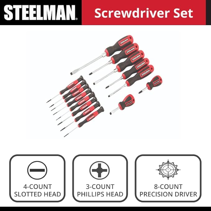 STEELMAN Comfort Grip Screwdriver Set, 15 of the Most Common Phillips, Slotted, and Precision Sizes, Magnetic Tips, 5 Largest Screwdrivers Feature Hex Bolsters