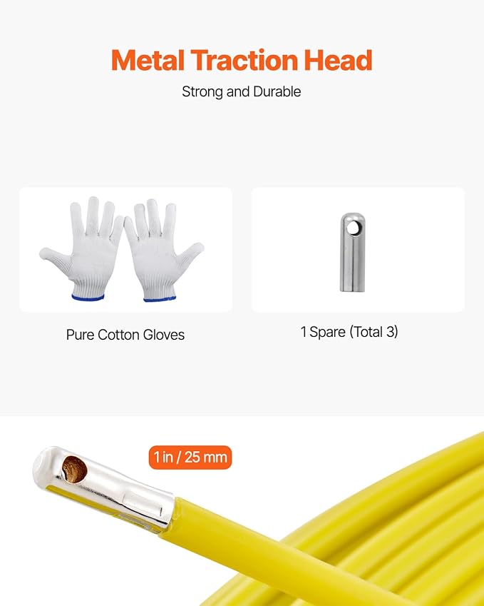 VEVOR Fiberglass Fish Tape 656 FT x 1/4 inch, Fish Tape Duct Rodder Puller with Durable Steel Stand, Non-Conductive Fishtape Wire Cable Running Rod for Walls, Floor and Electrical Conduit