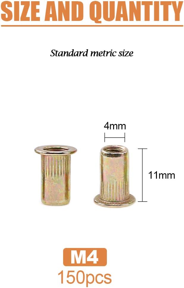 Keadic 150Pcs M4 Rivet Nuts Metric Zinc Plated Rivet Nut Carbon Steel Rivet Nut Flat Head Threaded Insert Kit Threaded Rivet Insert Nutsert Rivnuts Kit for Furniture