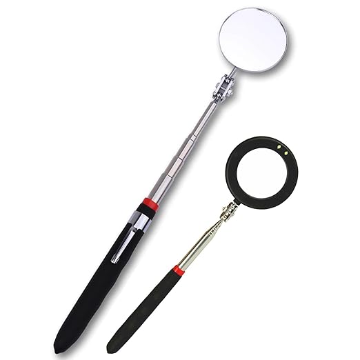 Telescoping Inspection Circular Mirror with 2 LED Light and Mirror on a Stick and Extendable Mechanic Tool for Automotive,50mm Circular Mirror 360 Swivel for Extra Viewing