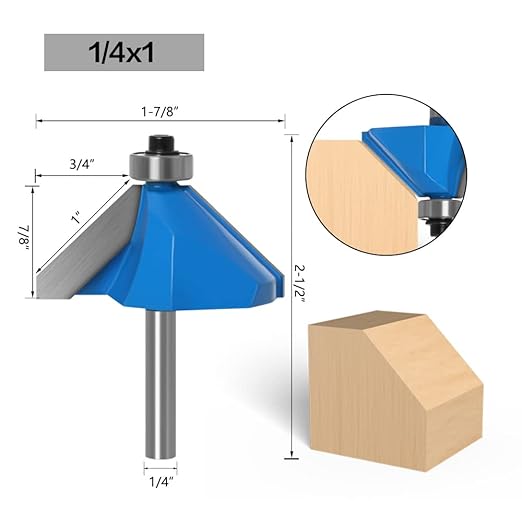 WSOOX 45 Degree Chamfer Router Bits with 1/4" Shank 4PCS Bevel Edge Forming Router Bits (Cutting Diameter:5/8",3/4",7/8",1")