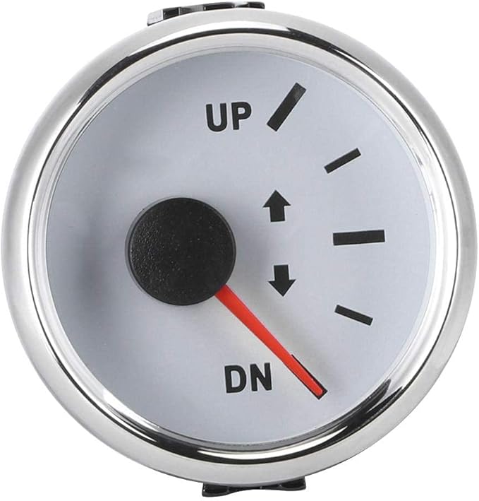 Boat Trim Gauge, 52mm/2in Stainless Steel UP-DN Boat Trim Gauge 0-190ohm Trim Tilt Indicator Red Backlight (White Dial Silver Frame)