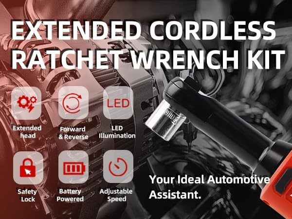 dogtooth Extended Cordless Electric Ratchet Wrench Set,40 Ft-lbs, 300 RPM, Brushless, Variable Speed Trigger, 3/8" 16.8V Power Ratchet Tool Kit With 1 * 1500mAh Lithium-Ion Battery And Charger