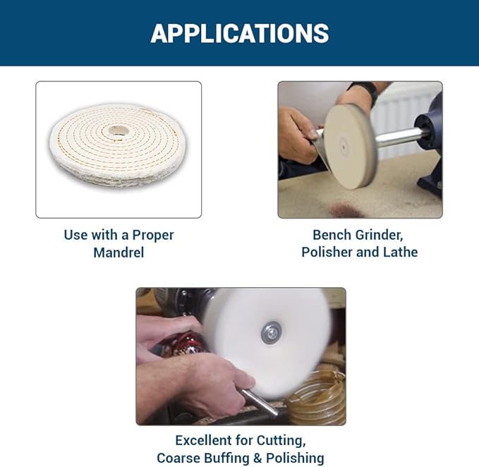Benchmark Abrasives 6" Cotton Spiral Buffing Polishing Wheel for Bench Grinder with 1/4" Mandrel, for Polishing Finishing Smoothing on Aluminum, Stainless Steel (Cotton Spiral)