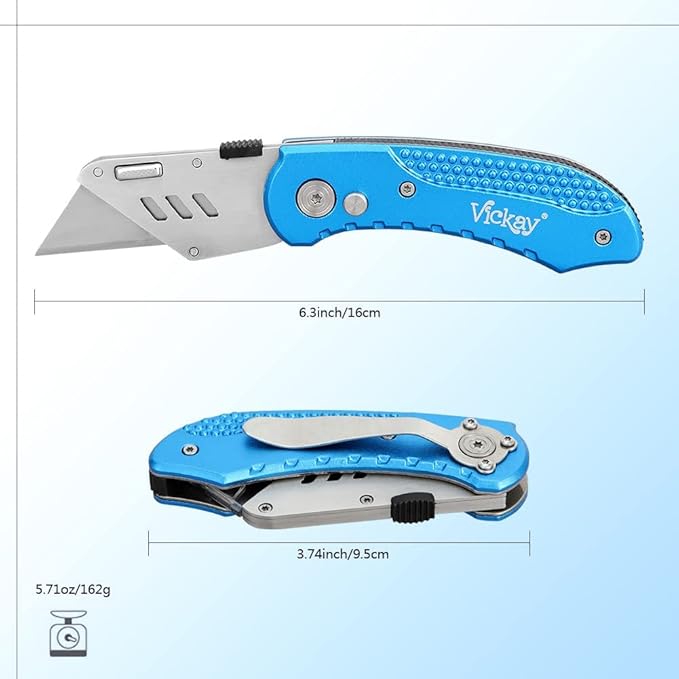 Vickay Folding Utility Knife Heavy Duty Box Cutter with 5 SK5 Quick Change Blades, Safety Axis Lock Design Razor Knife, Lightweight Aluminum Body Belt Clip for Office
