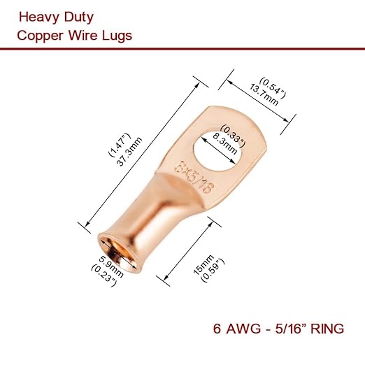 8Pcs 6 AWG 3/8" Stud and 8Pcs 6 AWG 5/16" Stud Heavy Duty Copper Wire Lugs with 16Pcs Heat Shrink Tubing Ring Terminals 6 awg Battery Cable Ends Bare Copper Eyelets