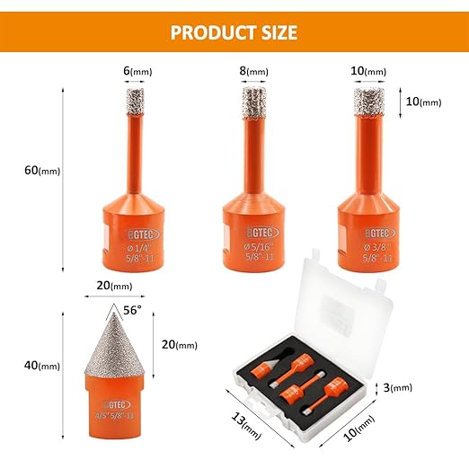 Diamond Core Drill Bit Kit BGTEC Diamond Hole Saw Tile Cutter for Porcelain Tile Ceramic Marble Brick Granite Stone, 5/8"-11 Thread Hole Saw 6/8/10mm+4/5" Chamfer Bits