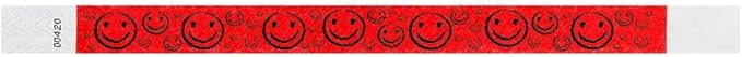 500 WristCo Neon Red Smiley Face Tyvek Wristbands for Events - ¾” x 10” - Waterproof Recyclable Comfortable Tear Resistant Paper Bracelets Wrist Bands for Concerts Festivals Admission Party
