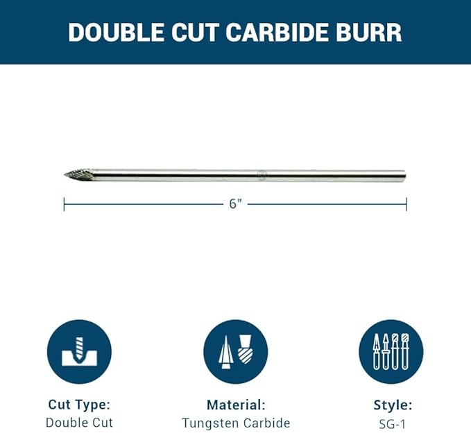 Benchmark Abrasives 6” Pointed Tree Shape Double Cut Tungsten Carbide Die Grinder Bits Metal Deburring Tool Rotary Burr, 1/4 Inch Shaft, Engraving Tool for Woodworking Shaping Carving (SG-1)