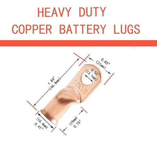 1/0 AWG 1/2" Stud (10 pcs.) Heavy Duty Battery Ring Terminal, 0 Gauge Connectors, Copper Wire Lugs, Ring Terminals, Cable Ends, Bare Eyelets, Tubular Terminal Connectors