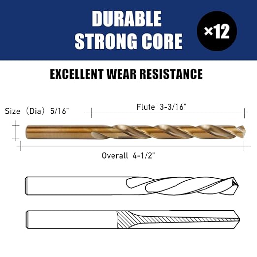 12pcs 5/16" Cobalt Drill Bit Set, M35 HSS, 135 Degree Tip, M35 Jobber Drill Bits for Metal, Stainless Steel, Cast Iron, Wood, Plastic, Fully Ground from Pro Edge Technology