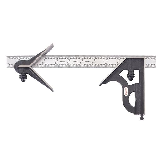 Starrett Steel Combination Square with Square Head and Center Head - 12" Blade Length, Cast Iron Heads, Hardened Steel, Reversible Lock Bolt, 4R Graduation Type - C11HC-12-4R