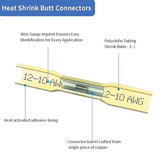 Heat Shrink Butt Connectors, 12-10 AWG Waterproof Crimp Terminals Electrical Wire Connectors Splice for Marine, Cable, Wiring