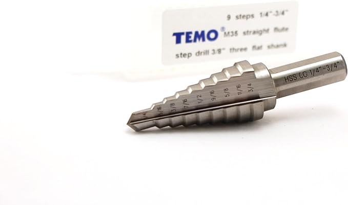 TEMO M35 Cobalt Double Flute Step Drill, 9 Size 1/4 Inch To 3/4 Inch, 3/8 Inch Shank