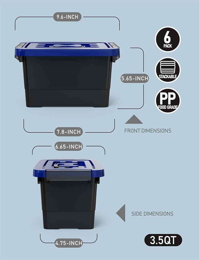 WYT Plastic Storage Bins with Lids and Latch, 6-Pack Small Stackable Plastic Organizing Box with Buckle and Handle, 3.5 Quart Durable Nestable Totes Containers (Black/Blue)
