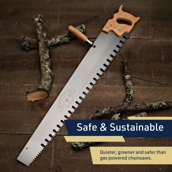 Hand Saw for Wood Cutting - 3’ One Man Crosscut Saw for Logging with Screw-on Auxiliary Handle, Great American Style Teeth, and Self-Clearing Gullets by Kings County Tools