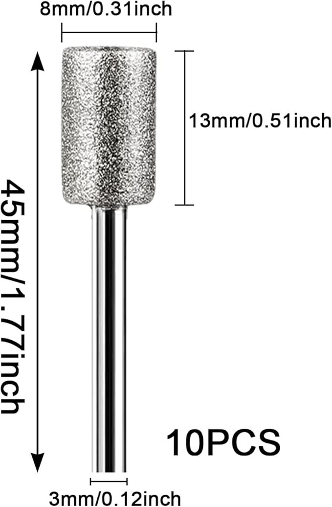 Stone Carving Set, HOMEIDOL 10PCS Diamond Coated 8mm Cylinder Head Mounted Points Grinding Bit Rotary Diamond Burr Set,1/8 Shank for Stone Rocks Jewelry Glass Ceramics Rotary Tools