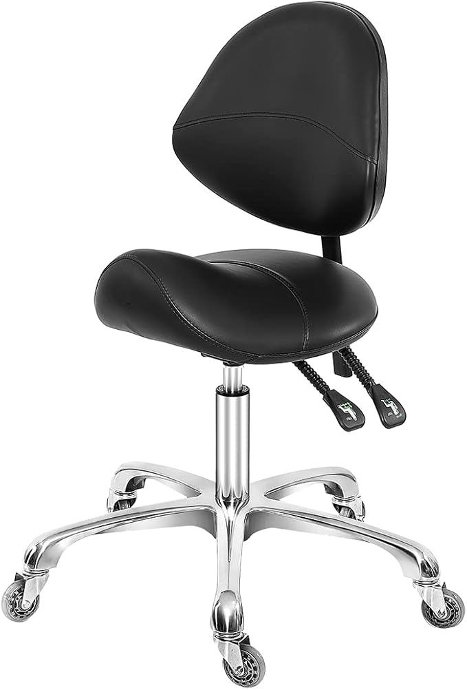 Saddle Stool Dental Hygienist Chair with Back Support, Rolling Esthetician Saddle Stool for Lash Salon Tattoo Shop Spa Dentist Clinic (with Backrest, Black)