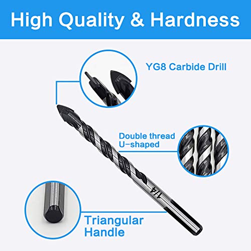 10-Piece 5/16“ Masonry Drill Bits for Tile Glass Ceramic Wall Brick Stone Soft-Metal Wood, 5/16 Inch Concrete Drill Bits Cement Drill Bit Set, 3-Flat Shank, YG8 Carbide Tungsten Steel Alloy Tip 8mm