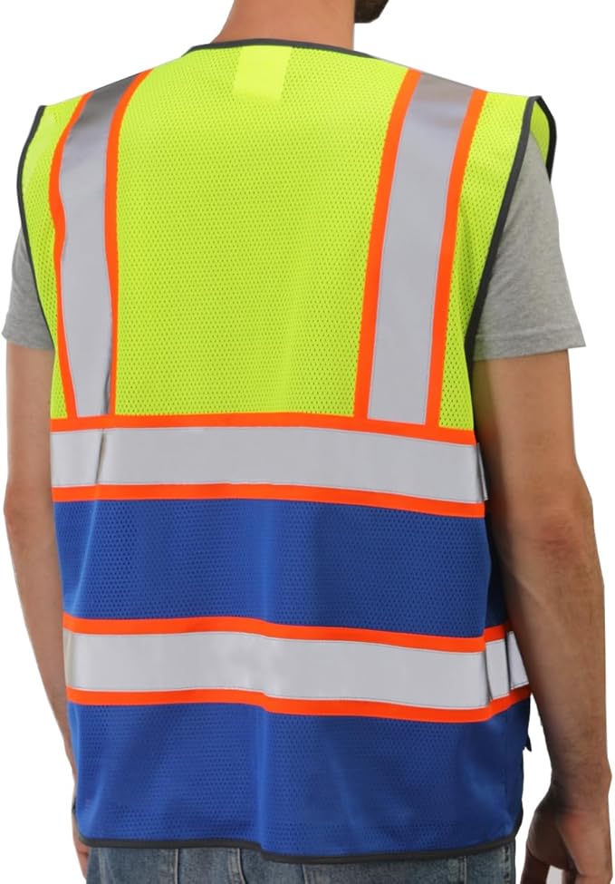 Dib Safety Reflective Mesh Vest High Visibility Two Tone with Pockets and Zipper, Yellow and Blue Mesh with Orange Trim L