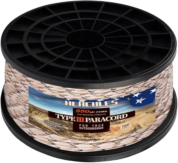 HERCULES Type III Paracord 550 Paracord Rope Parachute Cord, 1000' Camo for Survival Rope, Survival Cord