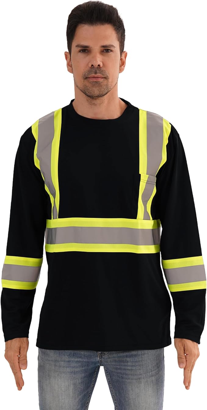 Hi Vis Safety Long Sleeve Shirts，High Visibility Class 3 T Shirts with Reflective Strips and Pocket, Quick Dry Mesh Construction Work Shirt for Men/Women (Black,M)