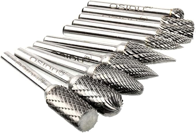Carbide Burr Set 10pcs Die Grinder Bits 1/2 Inch Cutting Burrs 1/4 Inch Shank Double Cut Carbide Rotary Burr Set for Die Grinder Drill,Metal Carving,Polishing,Engraving,Drilling
