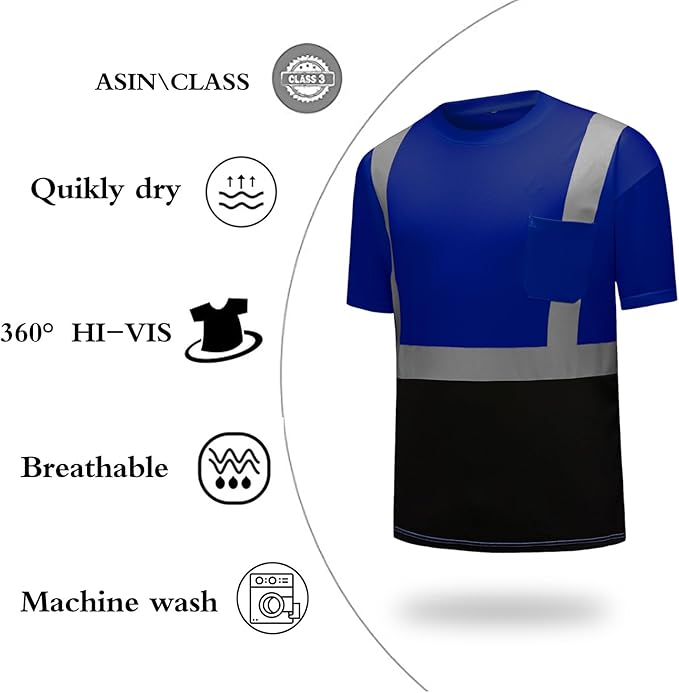 High Visibility Shirts Quick Dry Safety T Shirts with Reflective Strips and Pocket Short Sleeve Mesh Hi Vis Construction Work Class 2 Shirt for Men/Women Black Bottom Blue,3XL